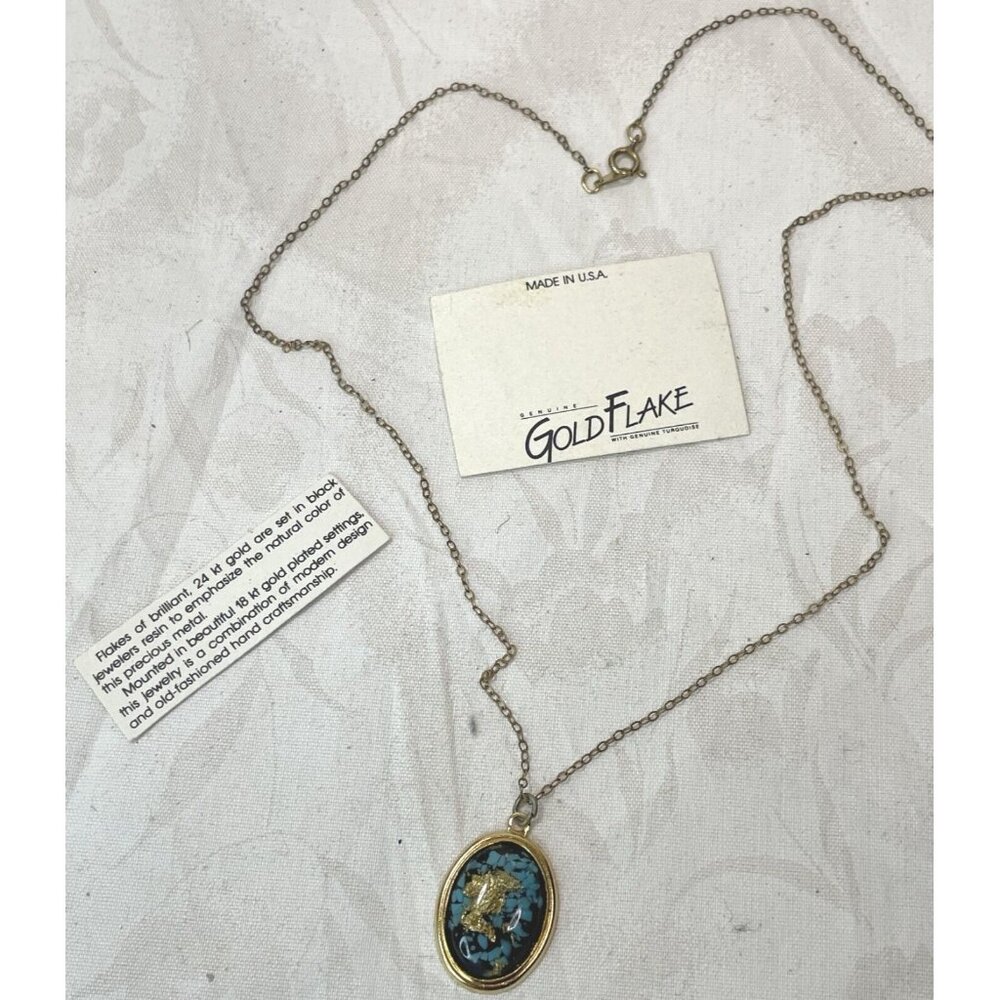 1970s Genuine 24k Gold Flake-Turquoise Pendant With 18k GP Setting